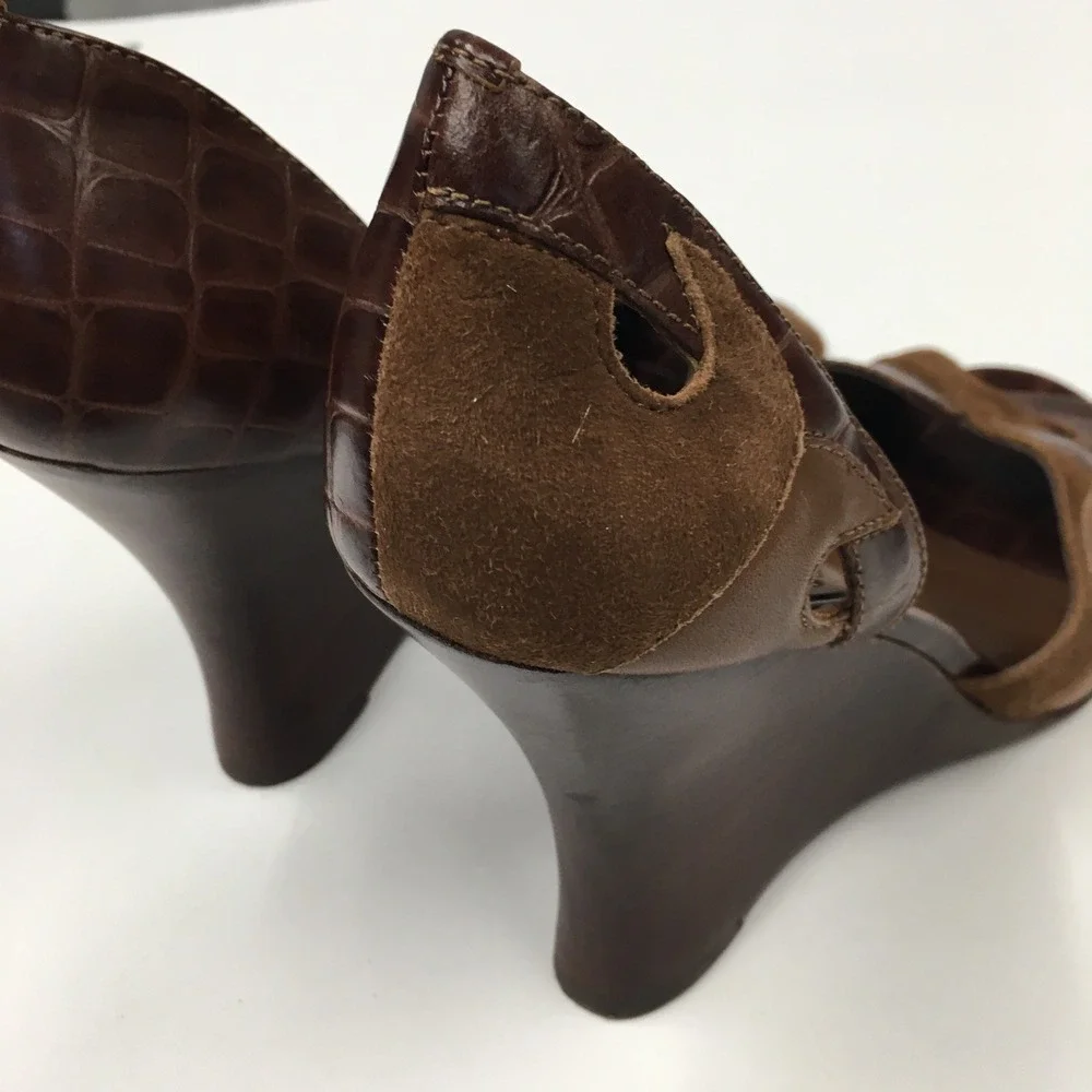Aldo Croc Embossed Suede Wedge Heels EU 37 Brown Dark Academia Professional